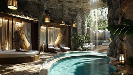 Luxurious cave-inspired spa retreat featuring a pool, waterfall, lounge area, and elegant interior design.