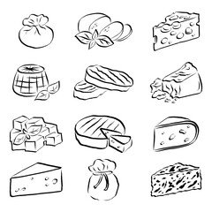 Hand drawn different types of cheese set. Line icon collection. Mozzarella, Parmesan. Feta, Brie. Gouda, Cheddar. Ricotta, Burrata. Roquefort, Scamorza. Cartoon icons collection. 