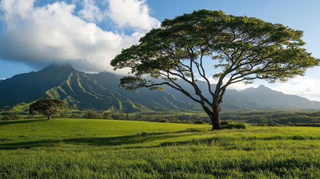 Endemic Koa Trees on Green Farmland, Kauai Island in Pacific Ocean