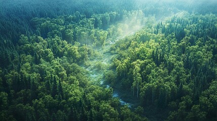 Aerial Vista of Lush Forest Canopy with Sunlight Streaming Through the Mist