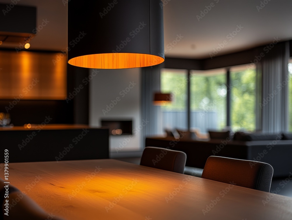 Poster modern dining area illuminated by warm pendant light with a cozy atmosphere in a stylish home settin