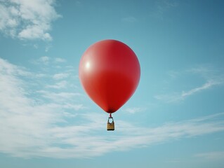 Obraz premium A red hot air balloon is floating in the sky. The balloon is filled with air and is being carried by the wind. The sky is clear and blue, with no clouds in sight