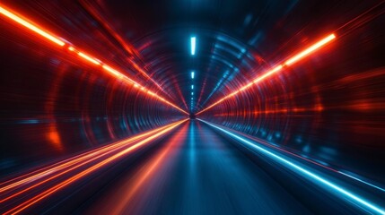 Obraz premium Abstract light streaks converge in a tunnel with bright blue & red colors