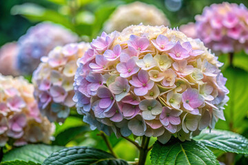 Obraz premium A hydrangea with clusters of fluffy, pastel-colored blooms that puff up in the rain