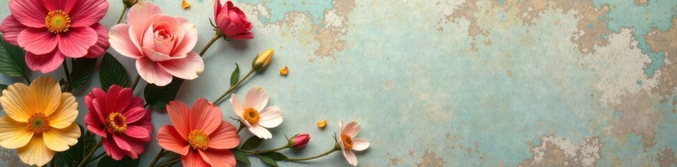 Vintage-inspired artificial flowers against a muted, distressed background, motif, eclectic