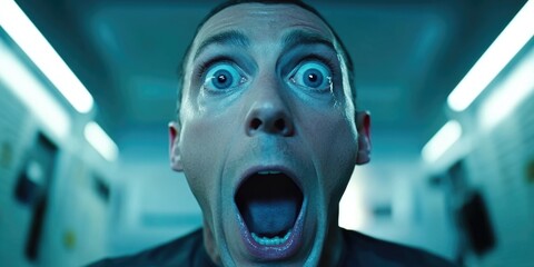 A man with his mouth wide open in a dark room. The room is dimly lit