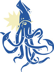 Squid Silhouette Block Print or Stamp Vector Illustration
