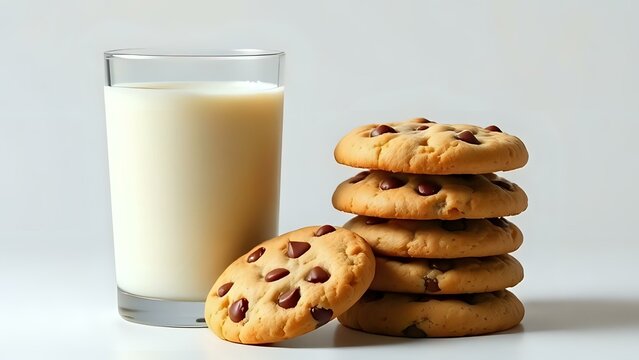 A transparent glass of fresh milk accompanied by a stack of golden chocolate chip cookies. - Powered by Adobe