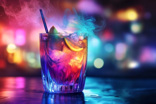 Colorful cocktail with lemon slices, ice and straw in glass with smoke on neon background. Digital art.
