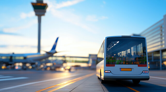modern airport shuttle bus parked at terminal, with airplane in background, showcasing travel and transportation
