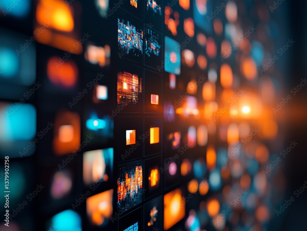 Poster Colorful digital display with multiple screens showing diverse content in a modern tech environment