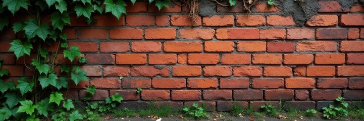 Obraz premium Weathered brick wall with vines and moss, rough texture, vines, rough