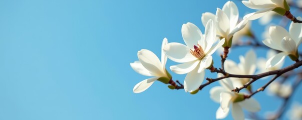 Beautiful white magnolia flowers blooming on tree against blue sky, tree, white