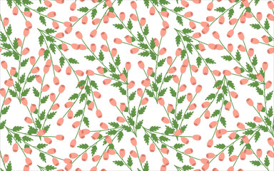Seamless pattern with green branches and pink buds in a flat style. Elegant botanical design for fabrics, wallpapers, wrapping paper, and backgrounds. Fresh floral ornament with a natural