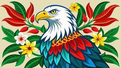 Fototapeta premium Colorful Eagle on Branch with Flowers - Nature and Wildlife Illustration.
