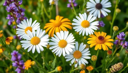 Fototapeta premium Chamomile & calendula blossoms encircle assorted hair-beneficial herbs, wellness, alternative