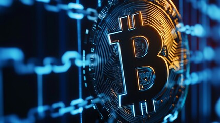 Close up of a bitcoin coin with a chain in the background illuminated with blue and yellow light