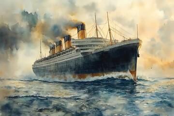 Titanic Ocean Liner Sailing through Rough Seas in Watercolor Style Illustration.