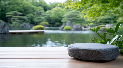 serene stone rests wooden surface, overlooking tranquil pond surrounded by lush greenery and carefully arranged rocks. peaceful atmosphere invites