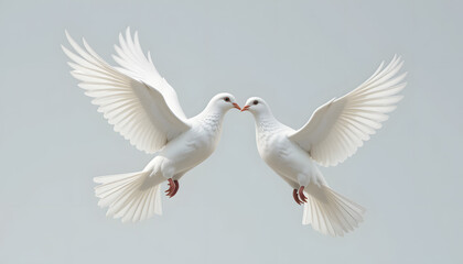 Two white doves fly with spread wings. Pigeons isolated on clear background, symbolise love, peace. Flying bird couple for wedding card, romantic design. Gentle fauna. See Less
