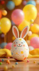 Happy Easter Sunday background, A single Easter egg with a cute bunny illustration placed on a wooden table with a soft yellow cloth, set against a fun