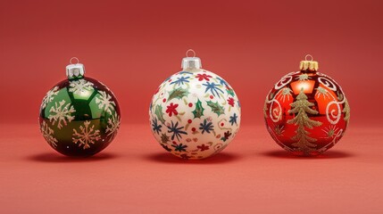 Three beautifully decorated Christmas ornaments in vibrant colors against a festive red background