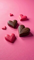 Fototapeta premium Chocolate hearts on pink background with swirling design, chocolate, hearts, Valentine's Day