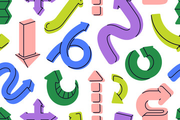 Arrows pattern, seamless background. Repeating print, endless design with curved twisted direction shapes. Printable texture with funny computer cursors, navigation elements. Flat vector illustration