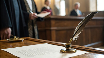 Signed official document with wax seal and quill pen on wooden desk, symbolizing presidential pardon or historic legal agreement. Vintage law and justice concept, antique paperwork and traditional aut