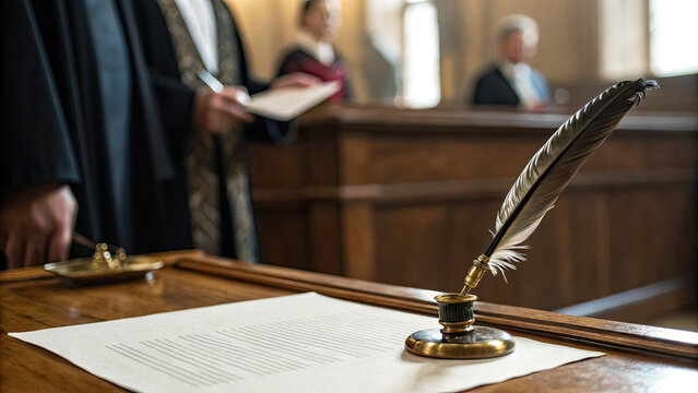 Signed official document with wax seal and quill pen on wooden desk, symbolizing presidential pardon or historic legal agreement. Vintage law and justice concept, antique paperwork and traditional aut