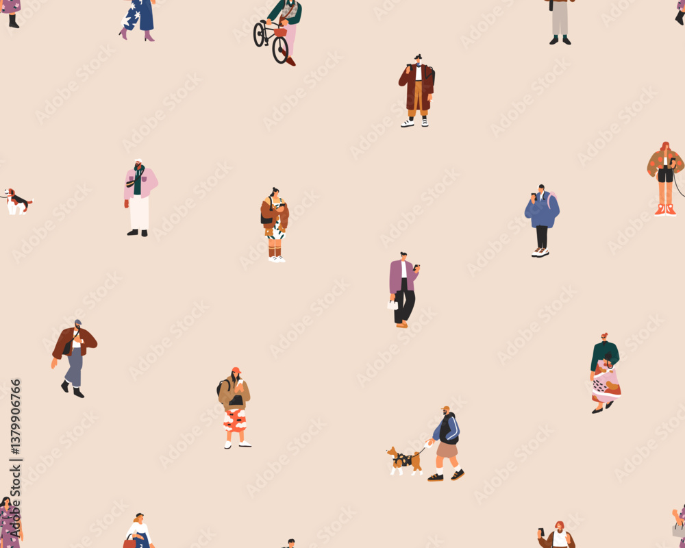 Poster tiny people pattern. seamless background design with urban character walking outdoors. modern city p