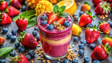 Layered berry and tropical fruit smoothie in a glass, garnished with fresh berries and mint