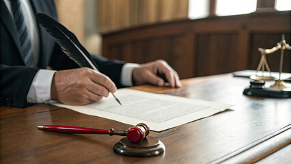 Signed official document with wax seal and quill pen on wooden desk, symbolizing presidential pardon or historic legal agreement. Vintage law and justice concept, antique paperwork and traditional aut