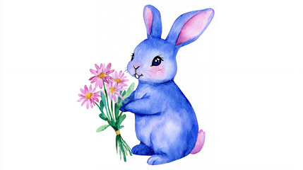 Cute blue rabbit holding bouquet of pink flowers, showcasing whimsical and cheerful expression. Perfect for spring themes and children