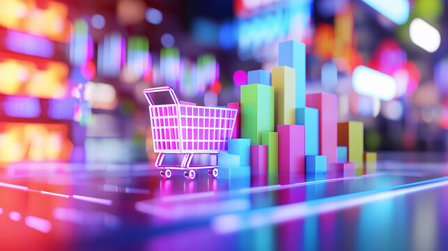 Colorful shopping cart with vibrant bar graphs representing sales data in digital marketplace, showcasing modern commerce trends