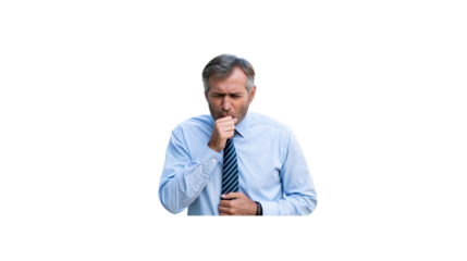 Middle-aged man coughing with hand on chest, suffering from cold, flu, respiratory infection, bronchitis, or lung disease on white background