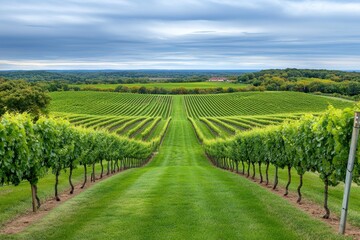 Fototapeta premium A scenic vineyard in southern New Jersey, with rows of grapevines bathed in golden sunlight
