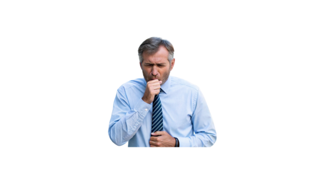 Middle-aged man coughing with hand on chest, suffering from cold, flu, respiratory infection, bronchitis, or lung disease on white background