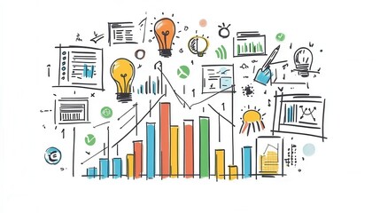 Colorful charts and graphs display business analytics data. Light bulbs represent innovative ideas and strategies. This visual showcases creativity in data interpretation