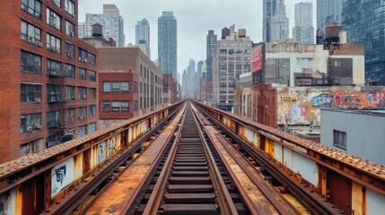 Rusty railway tracks lead the eye through a vibrant urban landscape filled with diverse buildings and towering skyscrapers under a cloudy sky, capturing the essence of city life