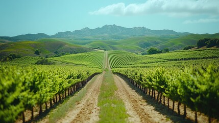 Fototapeta premium Lush vineyard landscape under a clear blue sky with gentle hills and distant mountains in a serene, rural setting
