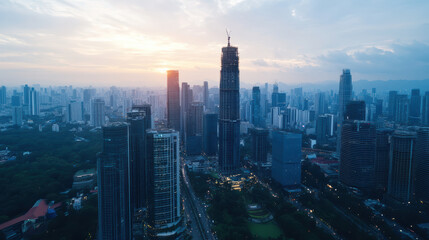 Naklejka premium Aerial view of city skyline featuring modern skyscrapers sunset, showcasing urban development
