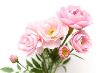 Obraz premium Delicate blush pink ranunculus blossoms, full bloom, soft petals, white background , floral, subtle