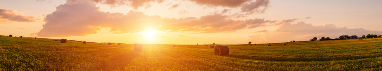 Scenic sunset over hay bales in a field. Golden light bathes the landscape, creating a tranquil scene. For agriculture, travel and inspiring greeting card designs. © Eugene_Photo