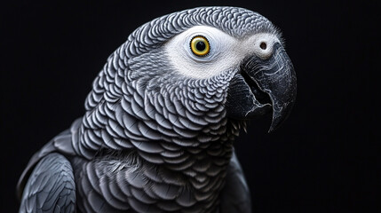 Fototapeta premium Inquisitive Grey Parrot Portrait, Every Feather Defined in Crisp HD Detail