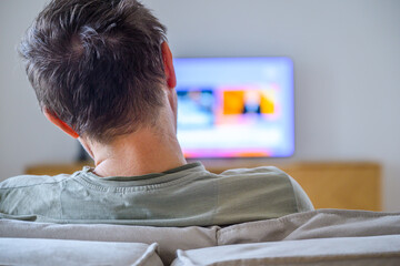 Rear view of male person sitting on sofa and watching TV in living room
