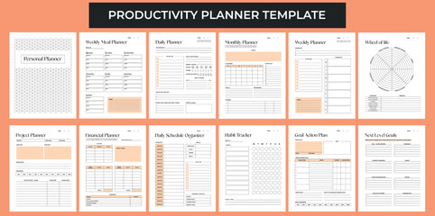 Productivity Planner Template. Daily, weekly, monthly, project, financial, schedule organizer, habit tracker, goals actions and meal planners. Aesthetic modern design. Peach color vector pages.