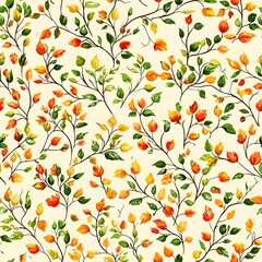 A vibrant seamless autumn leaves pattern featu orange and green foliage on a creamy background ideal for wallpaper textile design projects and autumn themed decorations.