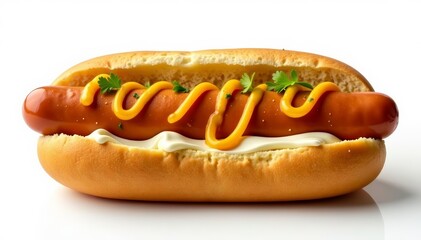 Delicious grilled hot dog bun with toppings, on white backdrop, barbecue, lunch, bun