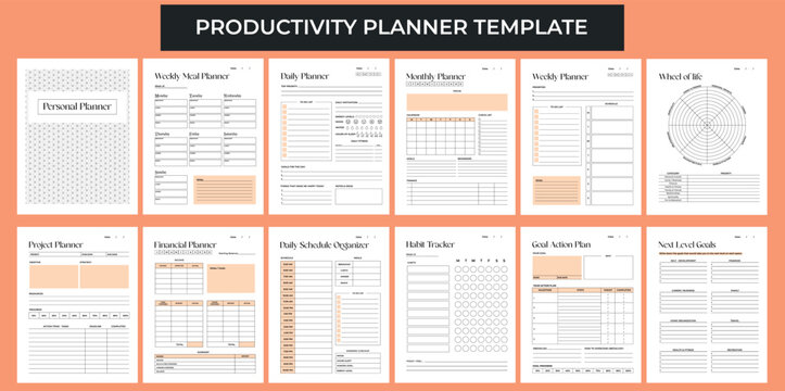 Productivity Planner Template. Daily, weekly, monthly, project, financial, schedule organizer, habit tracker, goals actions and meal planners. Aesthetic modern design. Peach color vector pages.